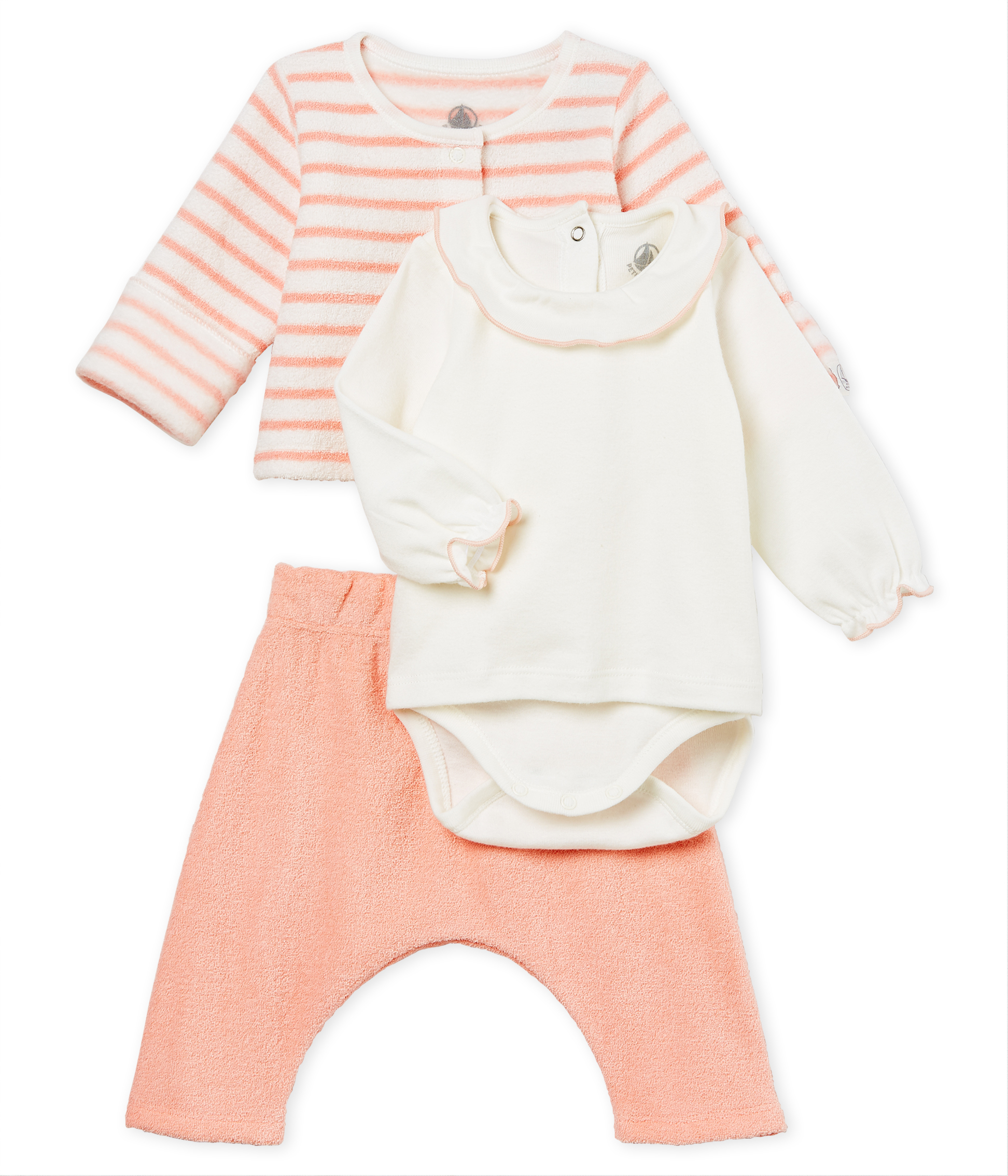 Ensemble bébé fille 3 pièces maille rose torsades et col piqué blanc >  Babystock