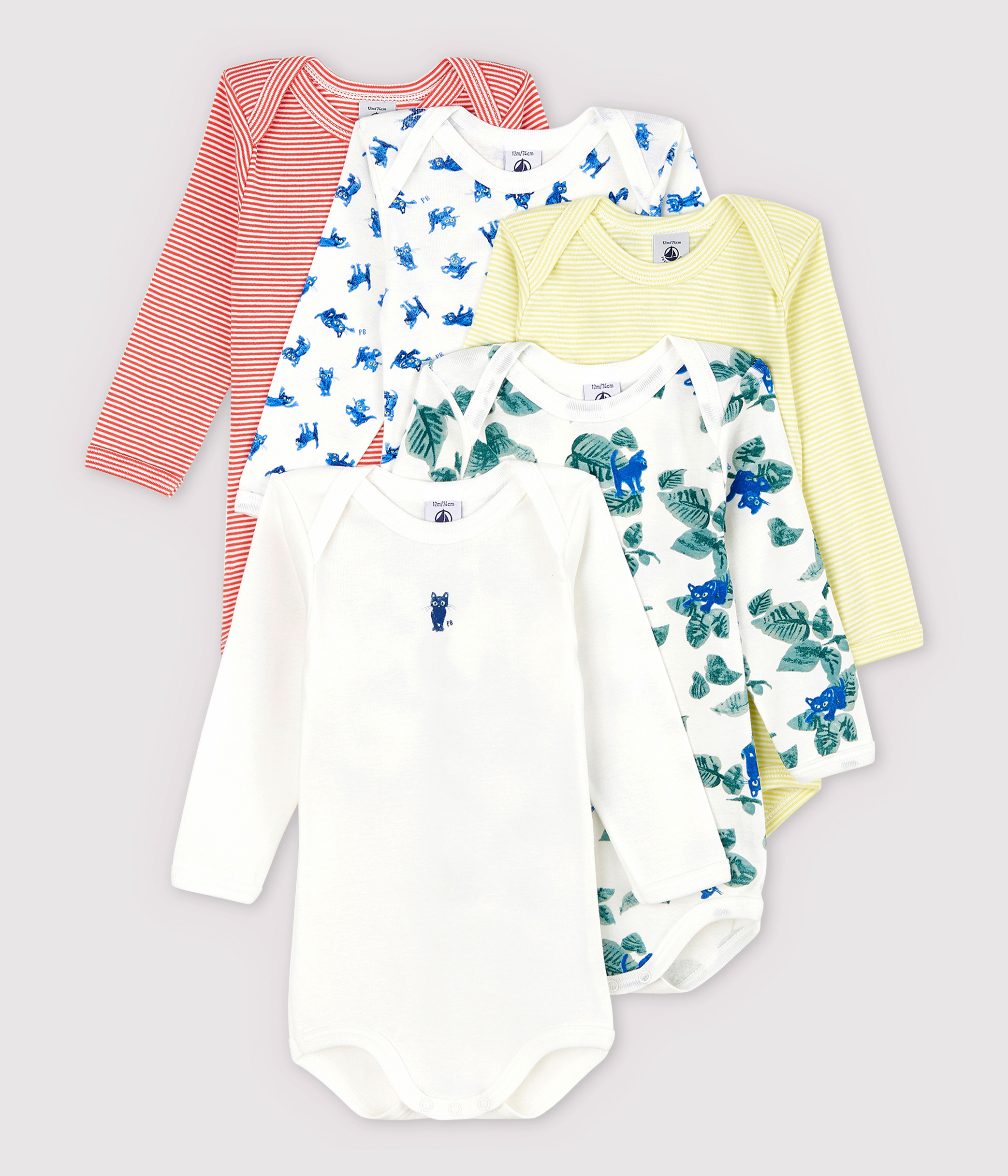 Lot de 5 bodies manches longues chat bebe variante 1 Petit Bateau