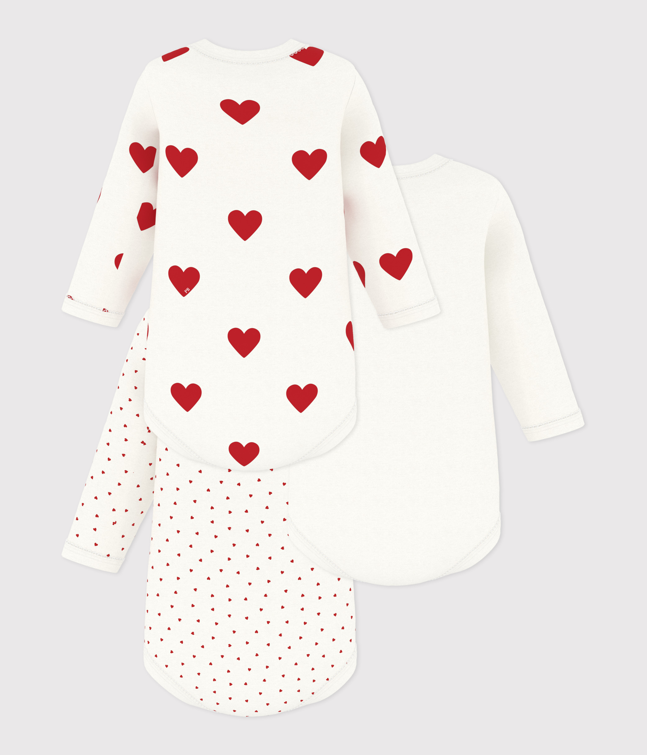Petit Bateau - Lot De 3 Bodies Manches Longues Bébé En Coton - Imprimé Cœurs Pailletés Et Uni