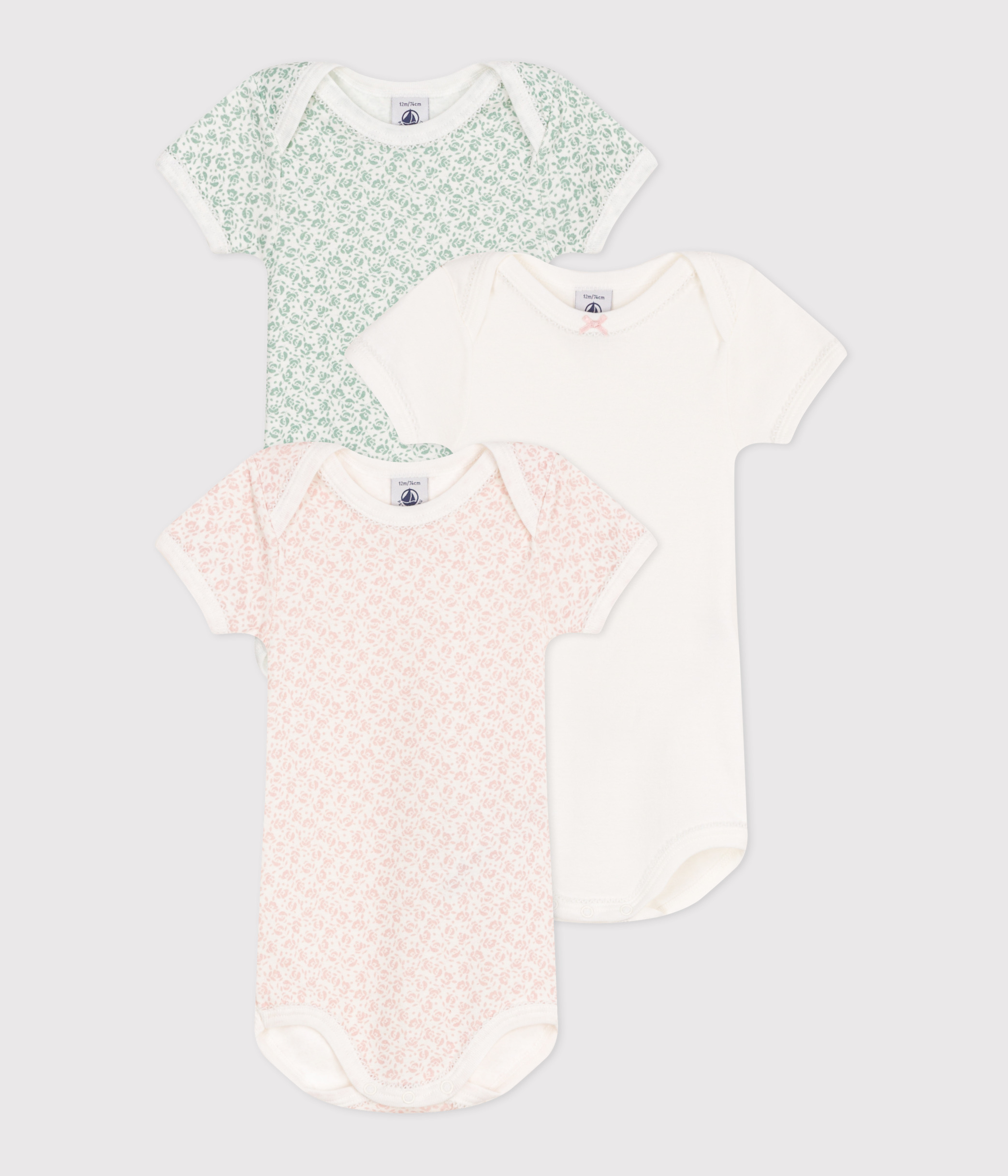 Lot De 3 Bodies Manches Longues Petit Bateau - Imprimé Fleuri Et Uni, Coton, Pour Bébé Fille
