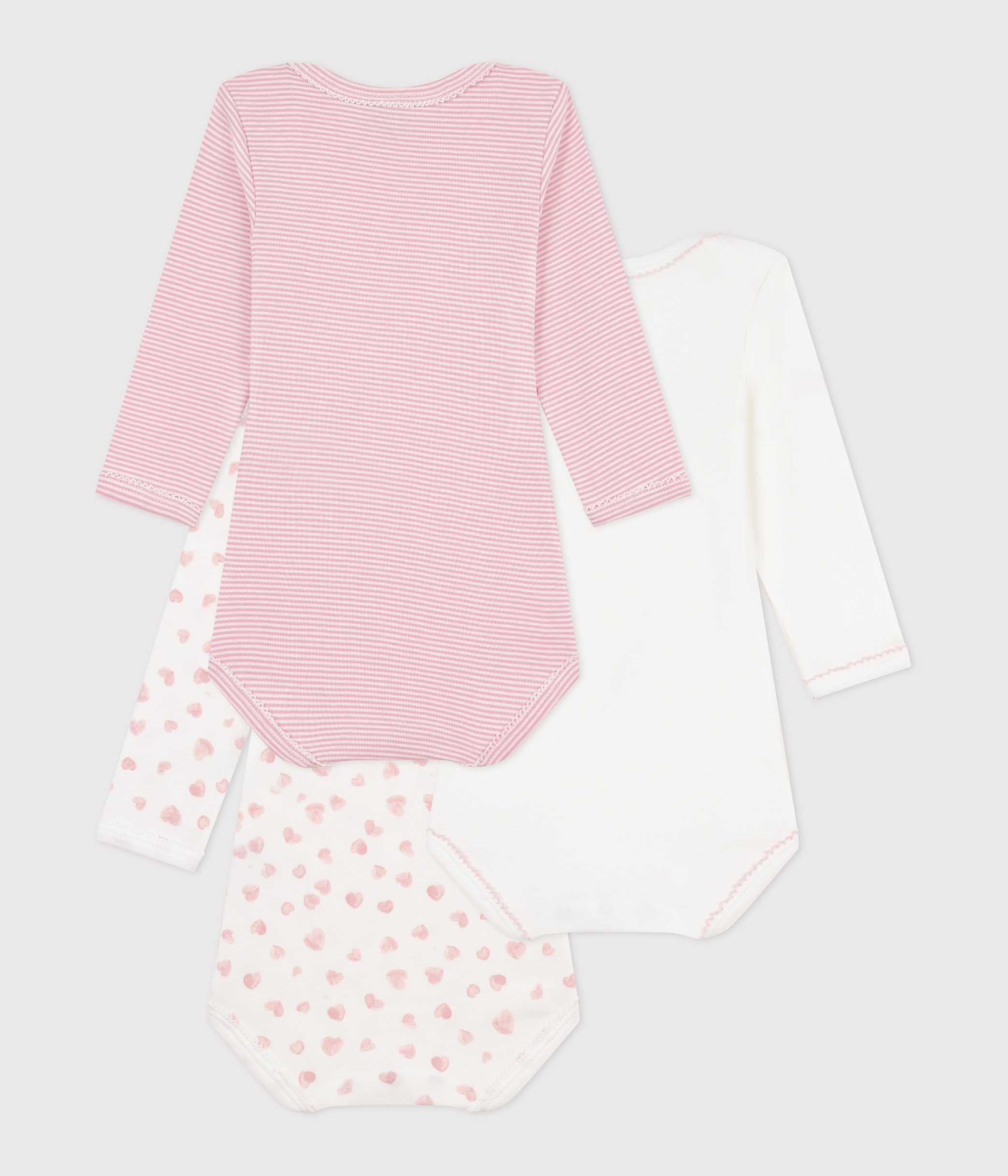 Petit Bateau Lot 3 Bodies Bébé Manches Longues Coton Cœurs – Bodies Extensibles Imprimés Et Uni, Encolure Américaine Facile