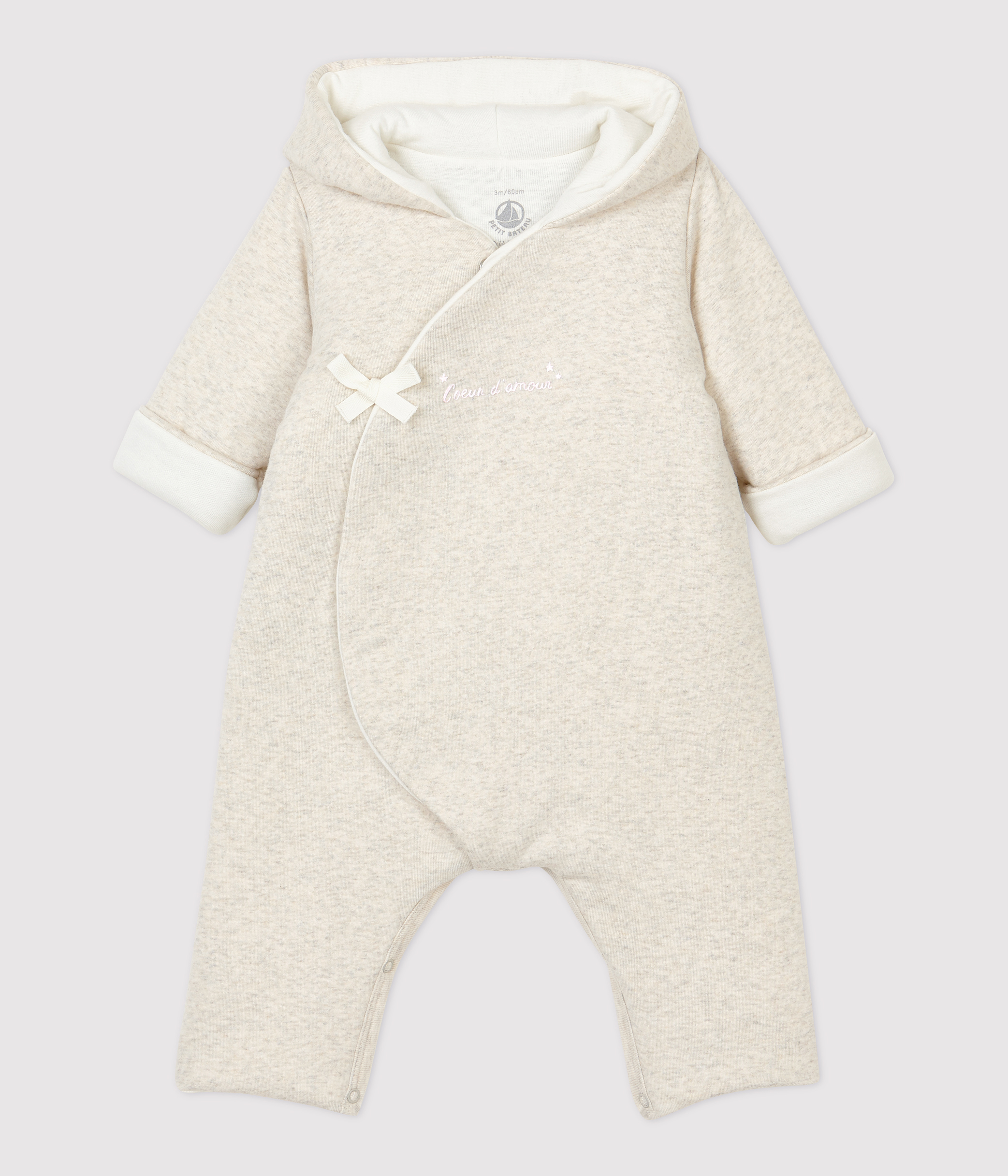 Combinaison longue grise chinée à capuche bébé en coton biologique