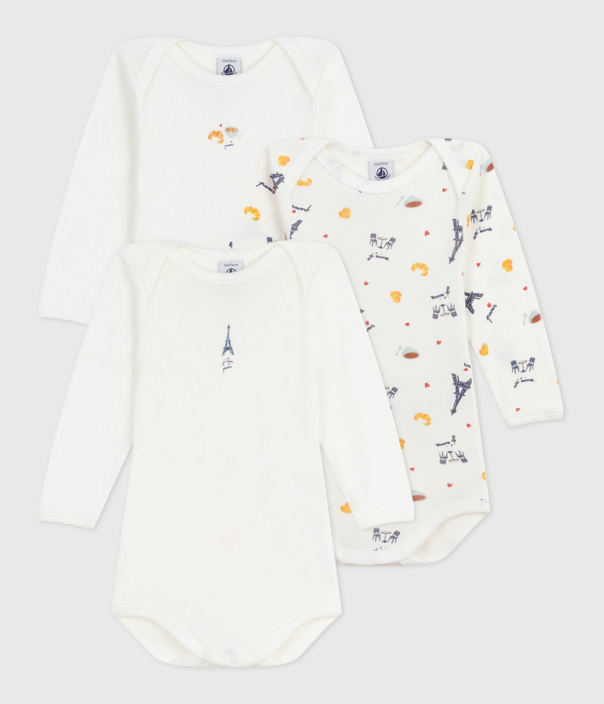 Petit Bateau Lot De 3 Bodies Bébé Manches Longues Coton Imprimé Pingouins - Confort Extensible Et Doux