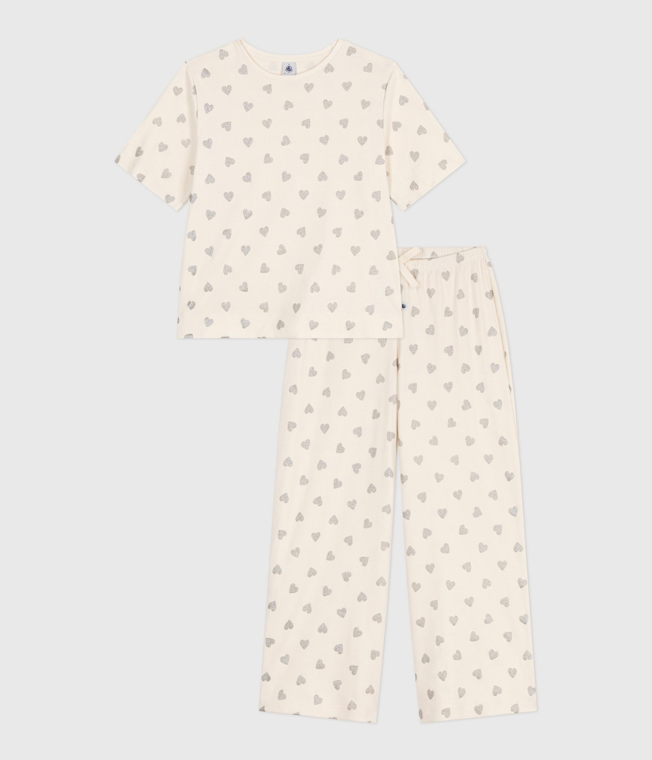 Pyjama femme en coton manches courtes jambes larges imprimé cœurs
