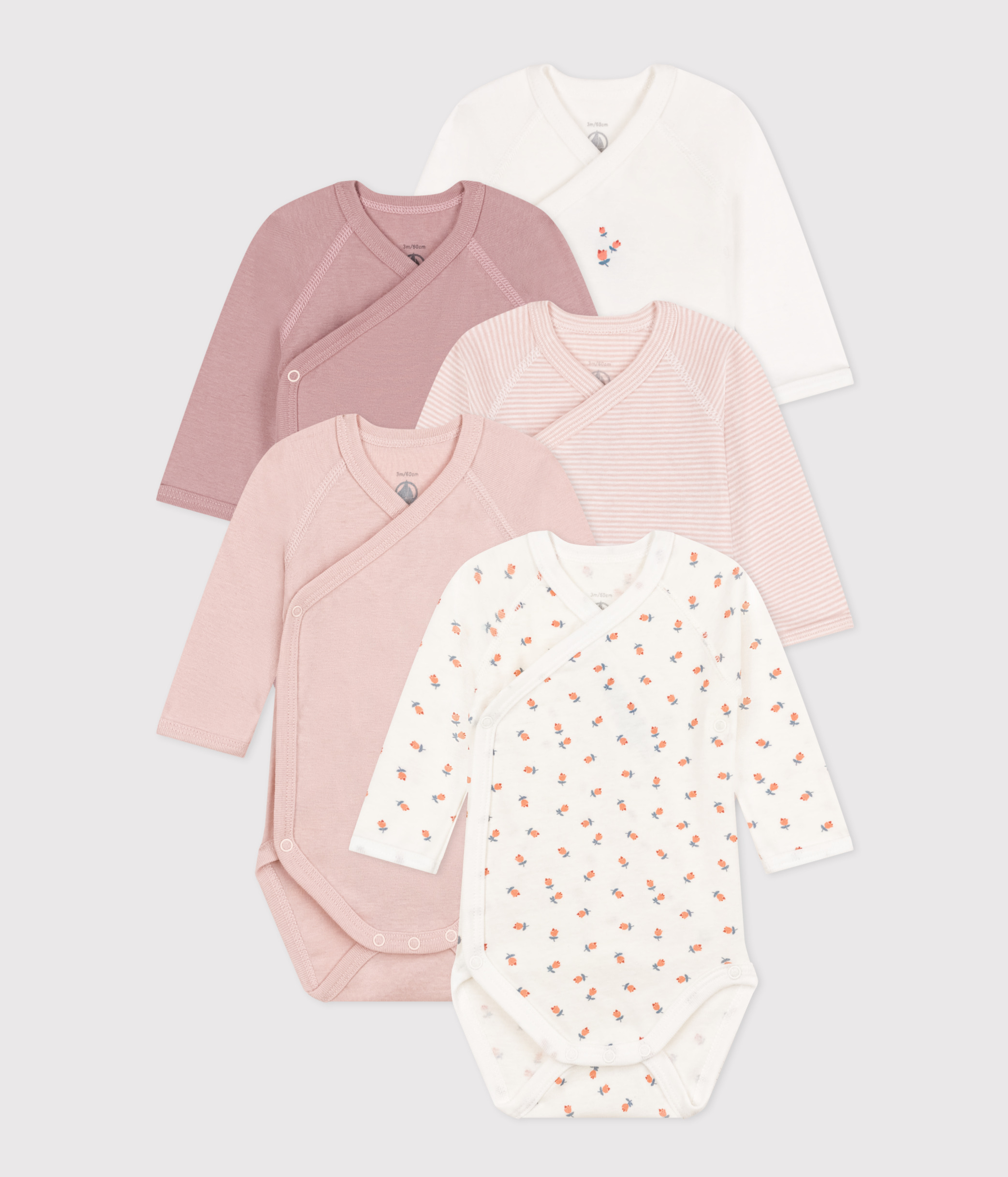Lot De 3 Bodies Manches Longues Petit Bateau - Imprimé Cœurs Pailletés Et Uni - Coton Extensible - Encolure Américaine - Bébé Mixte