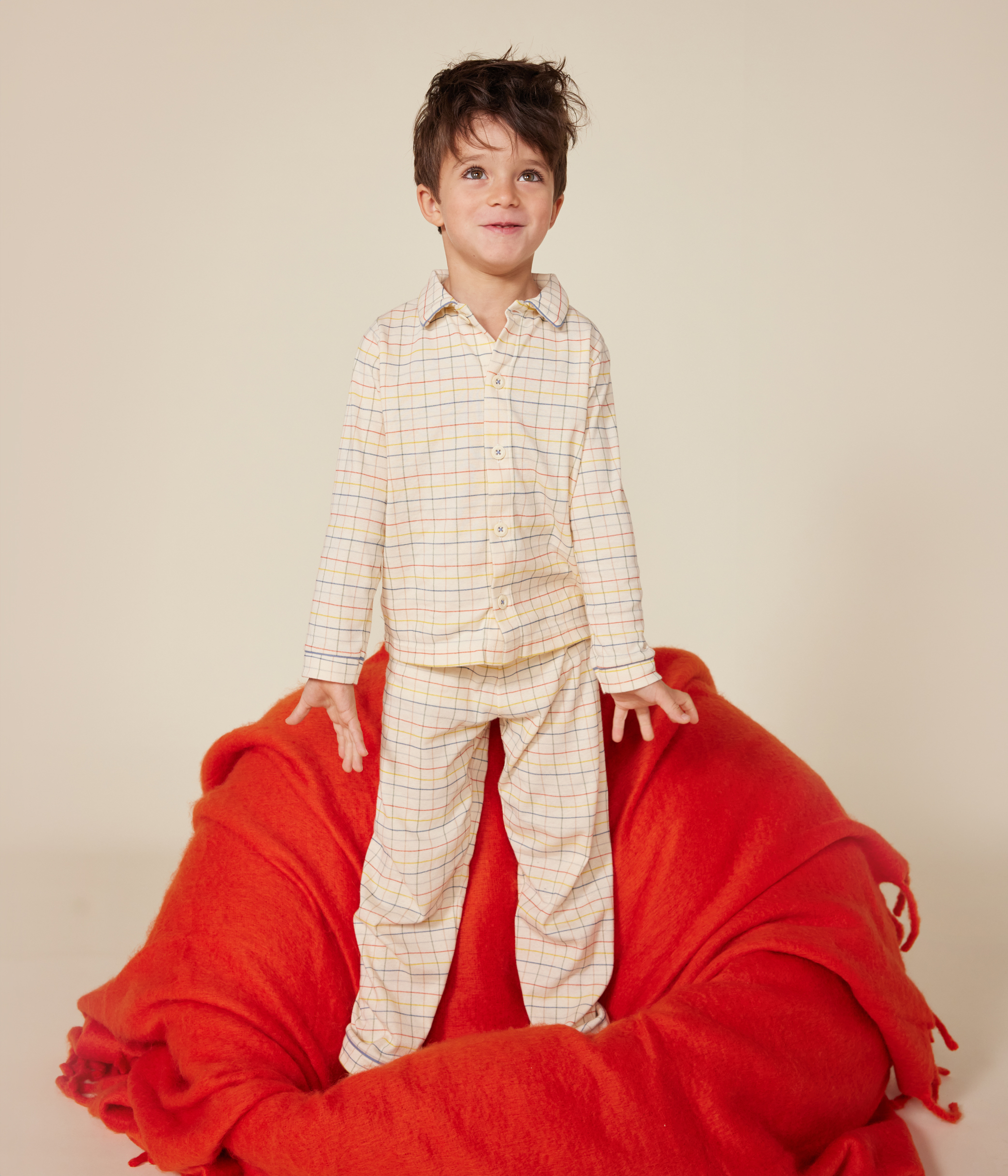 Pyjama Long Garçon En Coton à Carreaux Bleus - Haut Manches Courtes Et Pantalon Taille élastique