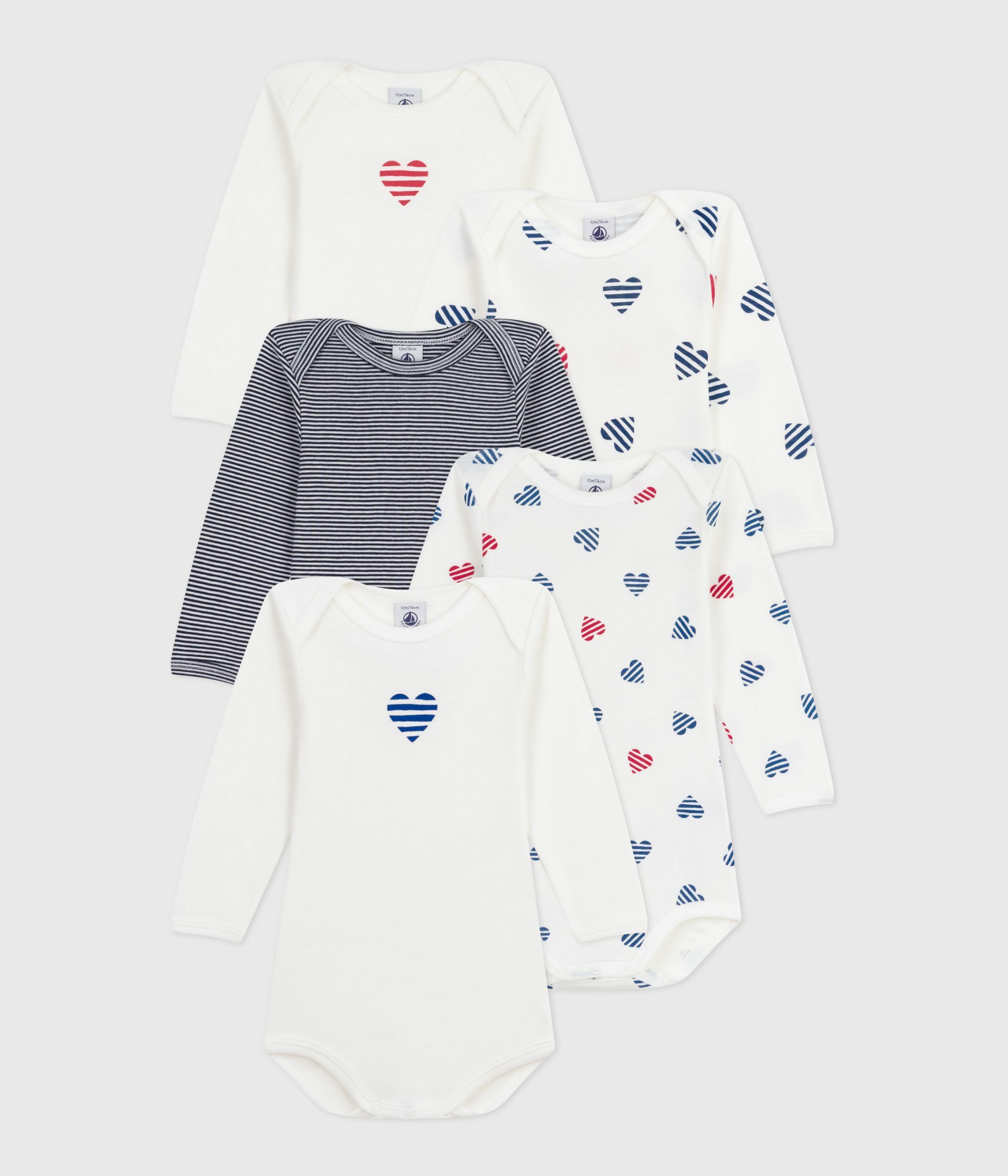 Lot De 5 Bodies Manches Longues Petit Bateau – Coton Imprimé Cœurs, Unis, Rayures – Encolure Américaine