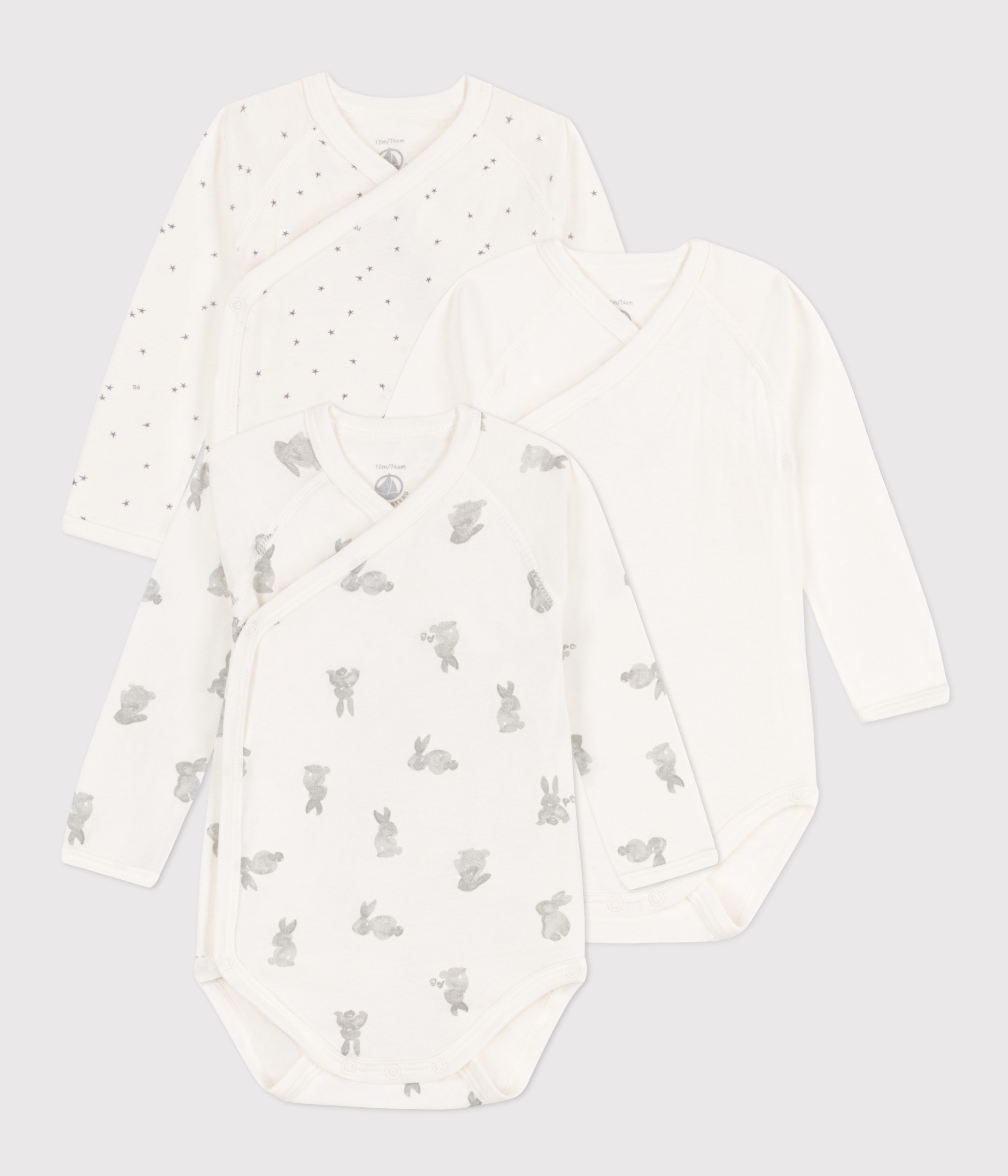 Lot de 3 bodies croisés manches longues lapins en coton bébé