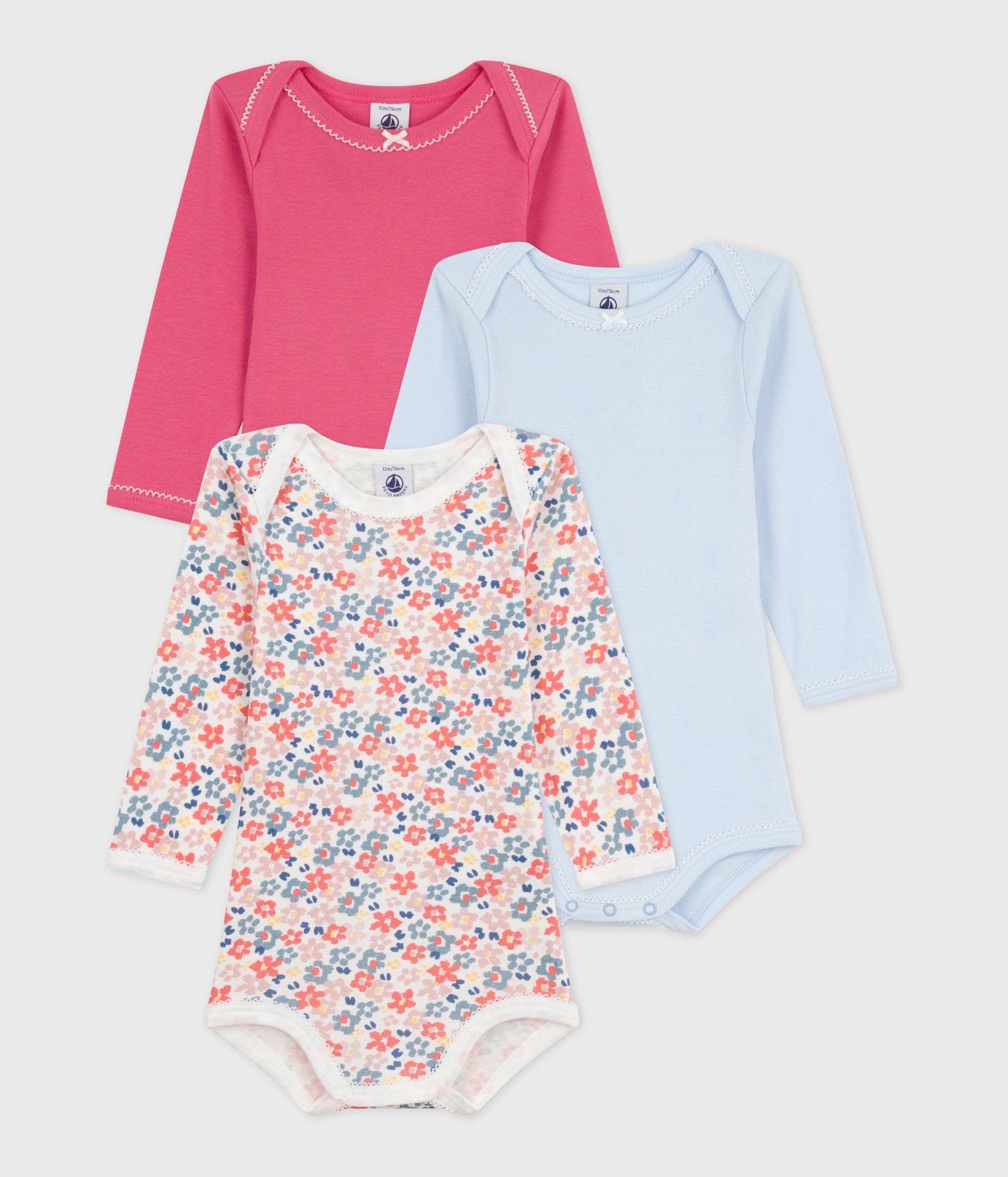 Petit Bateau Lot De 3 Bodies Bébé Manches Longues Coton Imprimé Fleuri – Confort Et Ouverture Facile