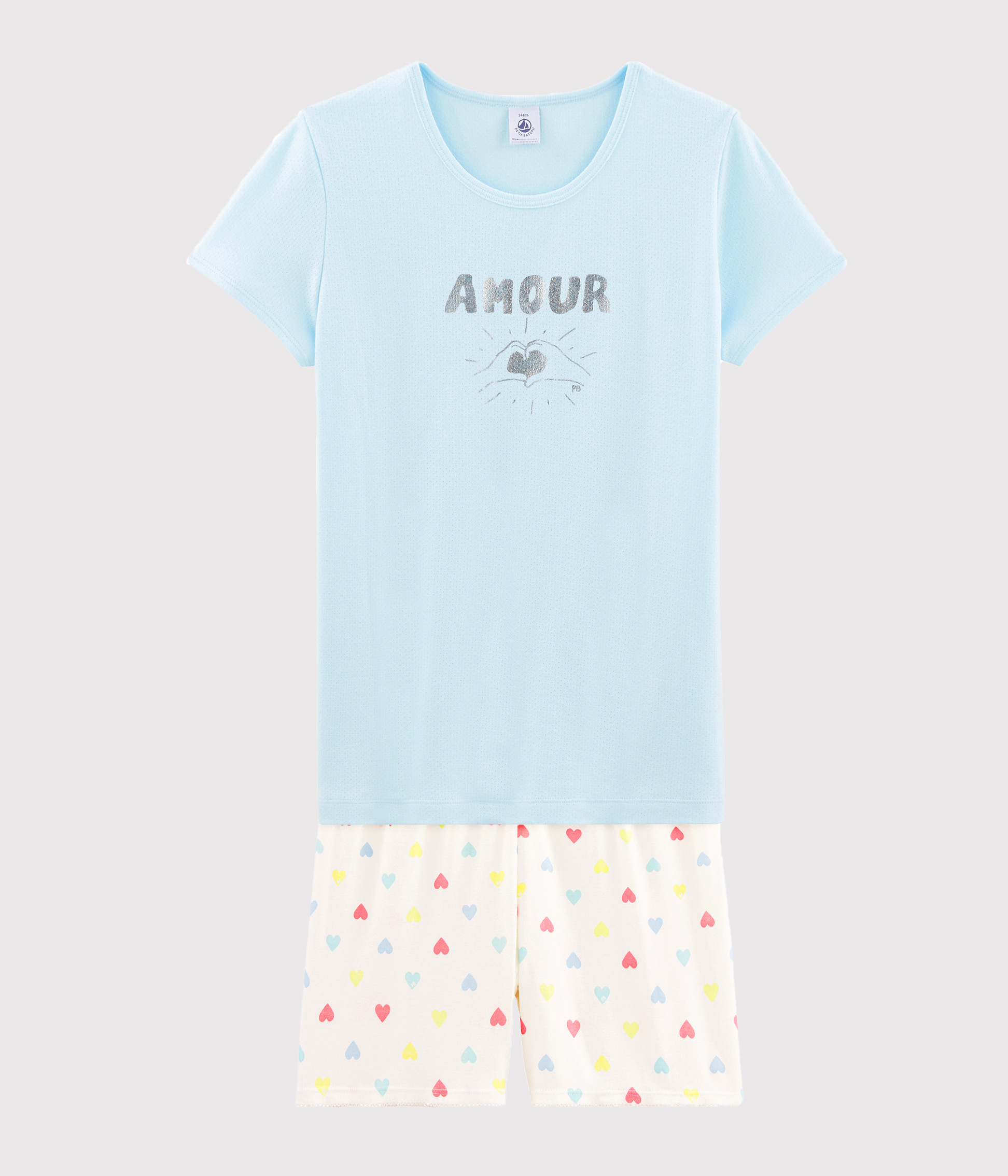 Pyjama Court Fille Petit Bateau - Côte De Maille Bio Avec Nœud