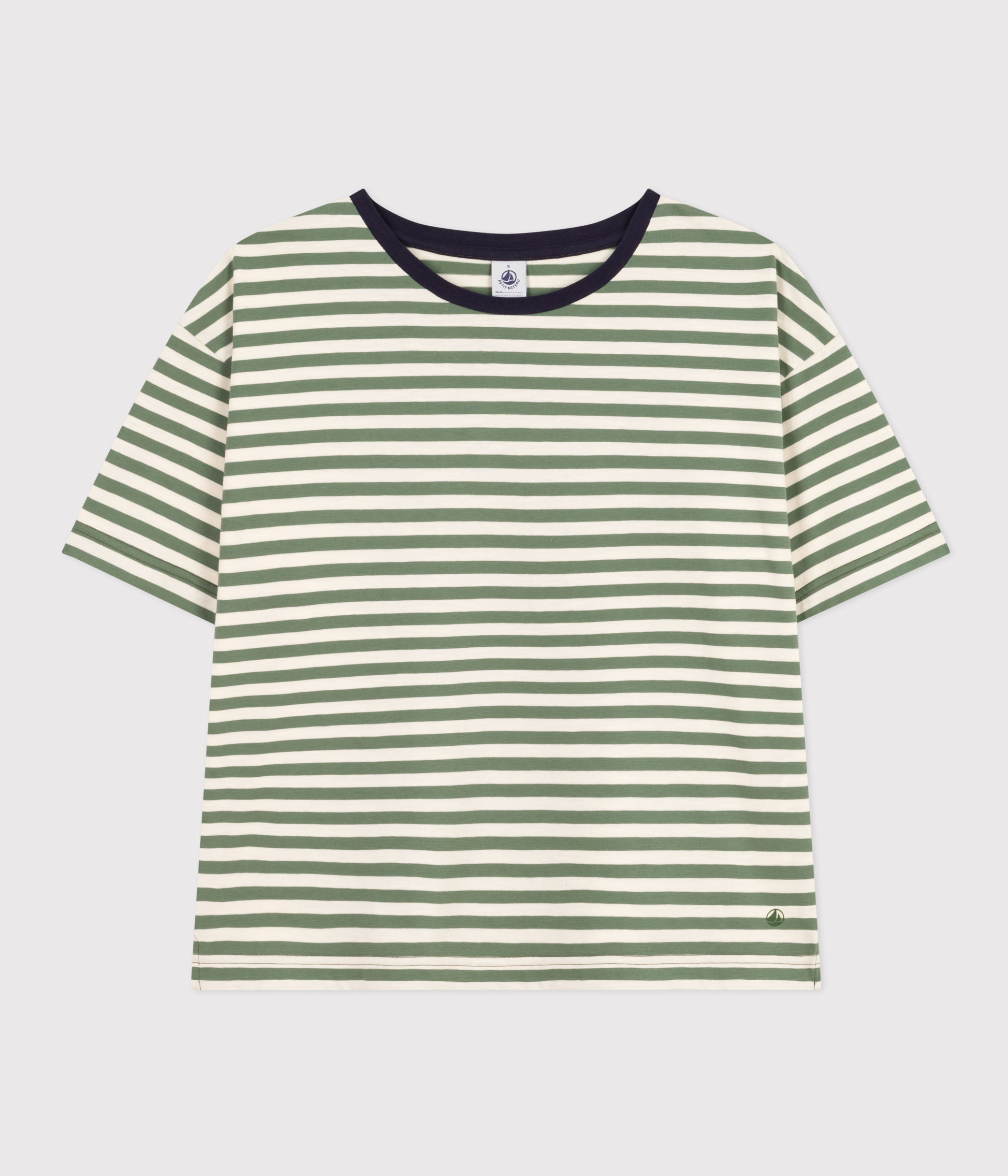 T-shirt Rayé Noir Et Kaki Petit Bateau Taille M Femme - 100% Coton, Occasion Très Bon état