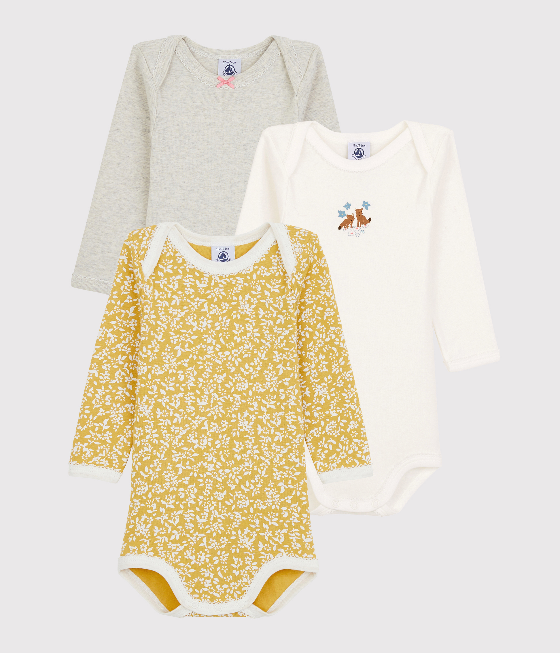 Lot De 3 Bodies Manches Longues Petit Bateau Bébé Fille - En Côte De Coton - Encolure Américaine Pratique
