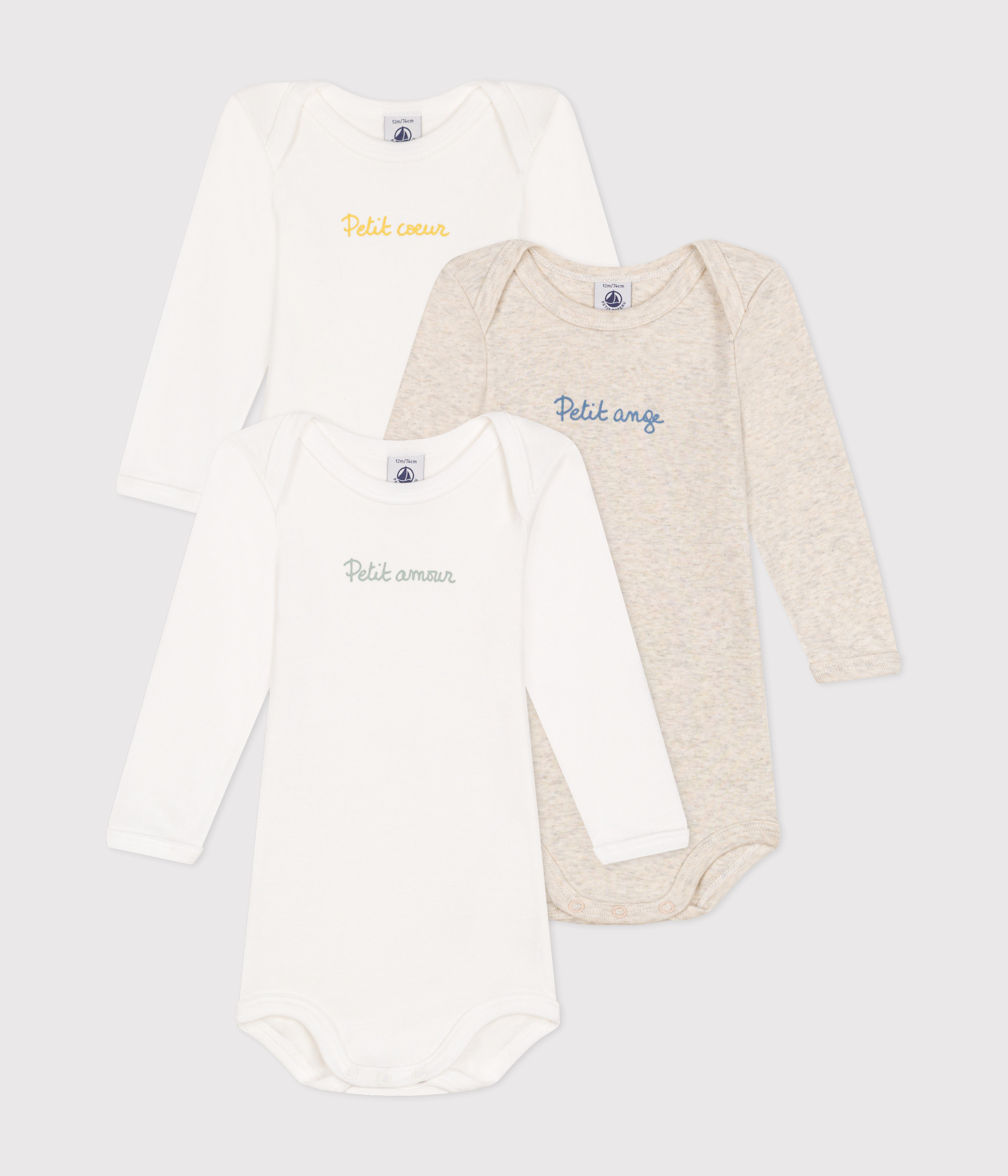 Lot De 3 Bodies Bébé Manches Longues - Coton Doux, Messages, Encollure Américaine - Petit Bateau - 8