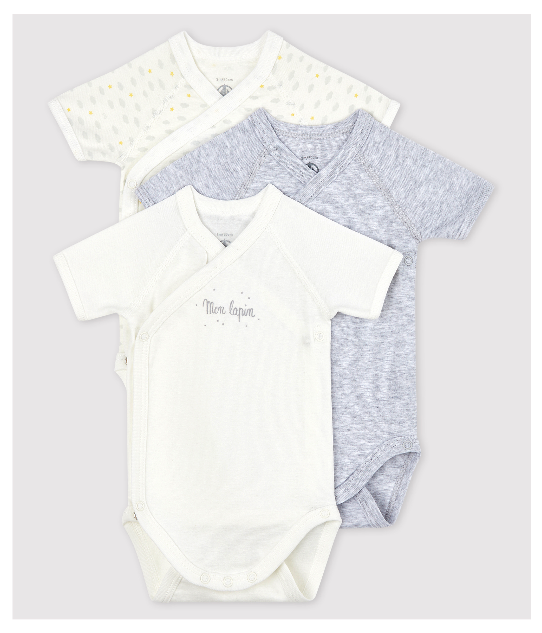 Lot de 3 bodies croisés manches longues bébé en coton biologique