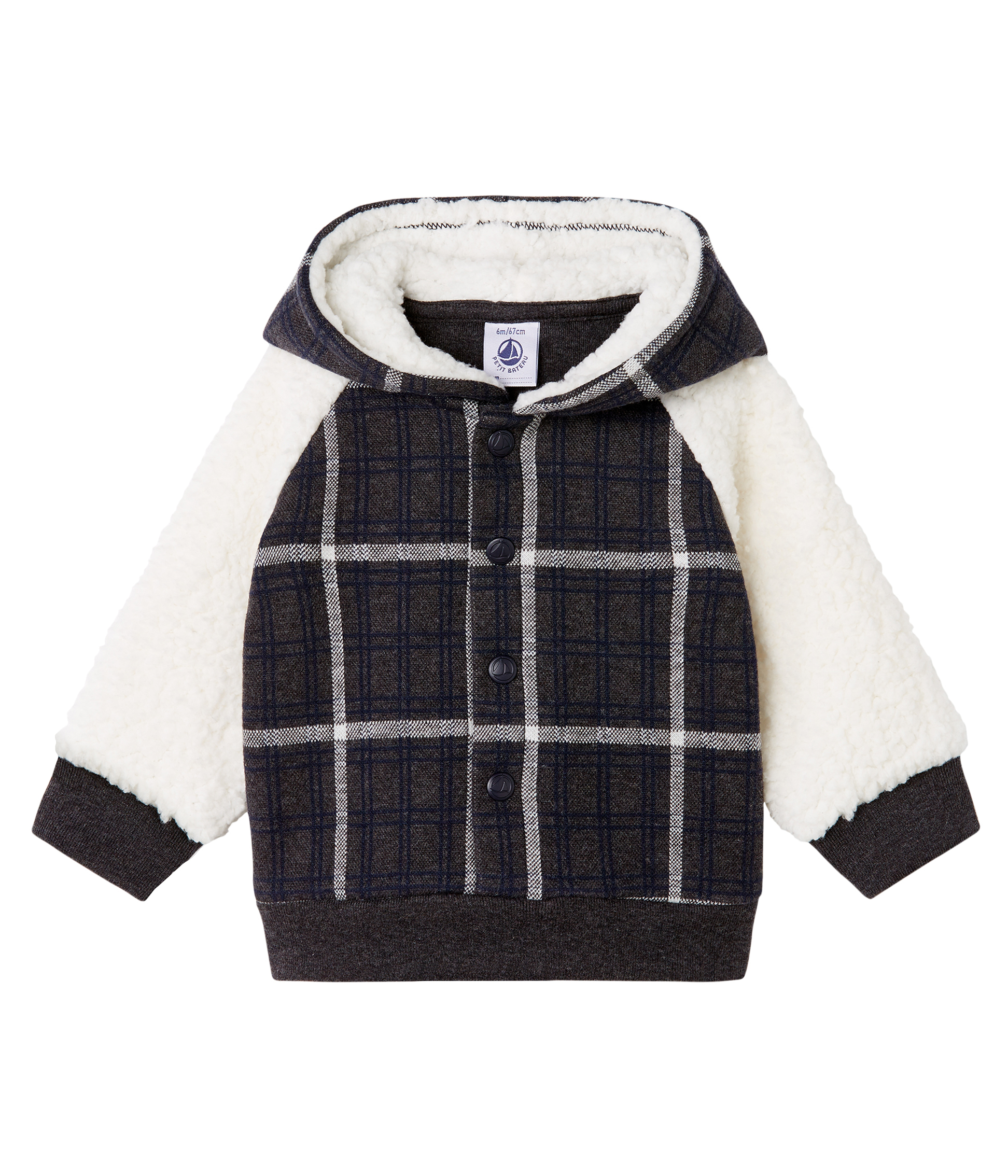 Sweatshirt à capuche bébé garçon en maille à carreaux et sherpa moutonnée