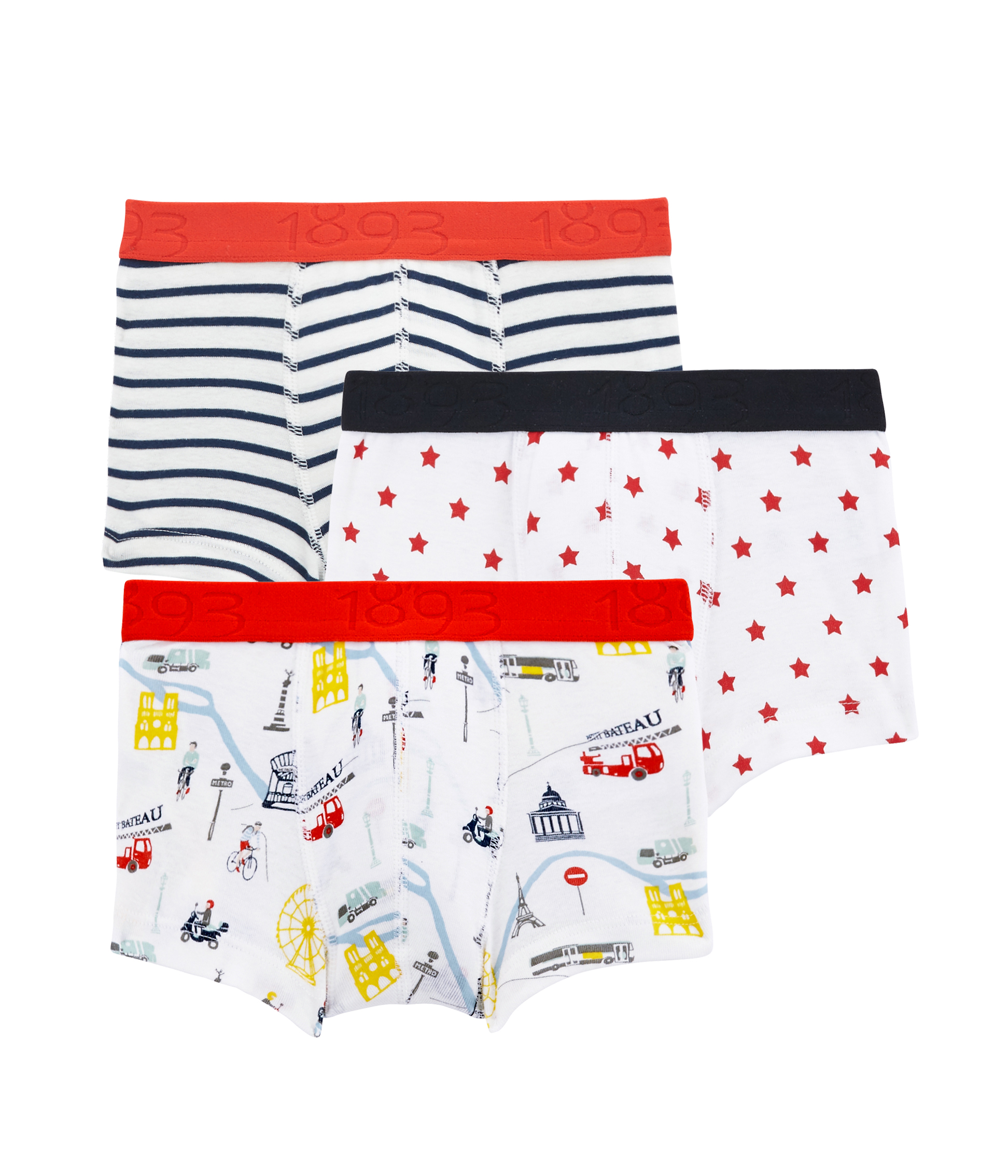 Lot 3 Boxers Garçon Petit Bateau - Coton Confortable Motif Mouton Et Rayures